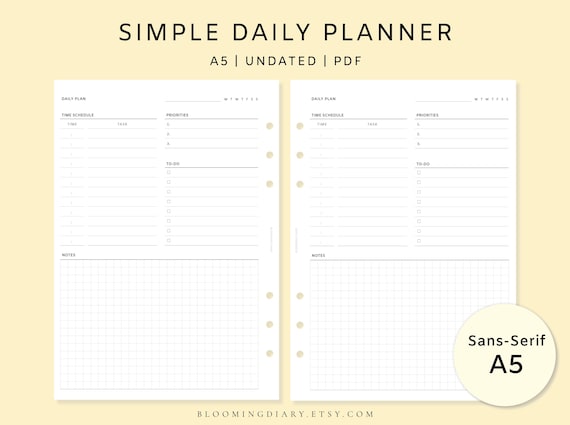 Minimal Daily Planner | Undated Daily Insert | Time Schedule Blank | To-Do, Priorities, Notes | A5 Printable PDF | Simple journal | 2026