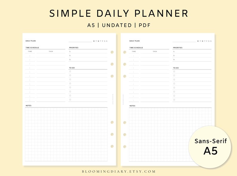 Minimal Daily Planner | Undated Daily Insert | Time Schedule Blank | To-Do, Priorities, Notes | A5 Printable PDF | Simple journal | 2026 image 1