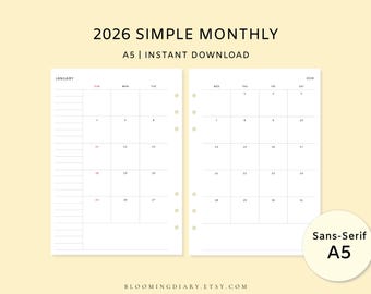 2026 Monthly Calendar | Simple & Clean | A5 Monthly Planner | Month on Two Pages | PDF