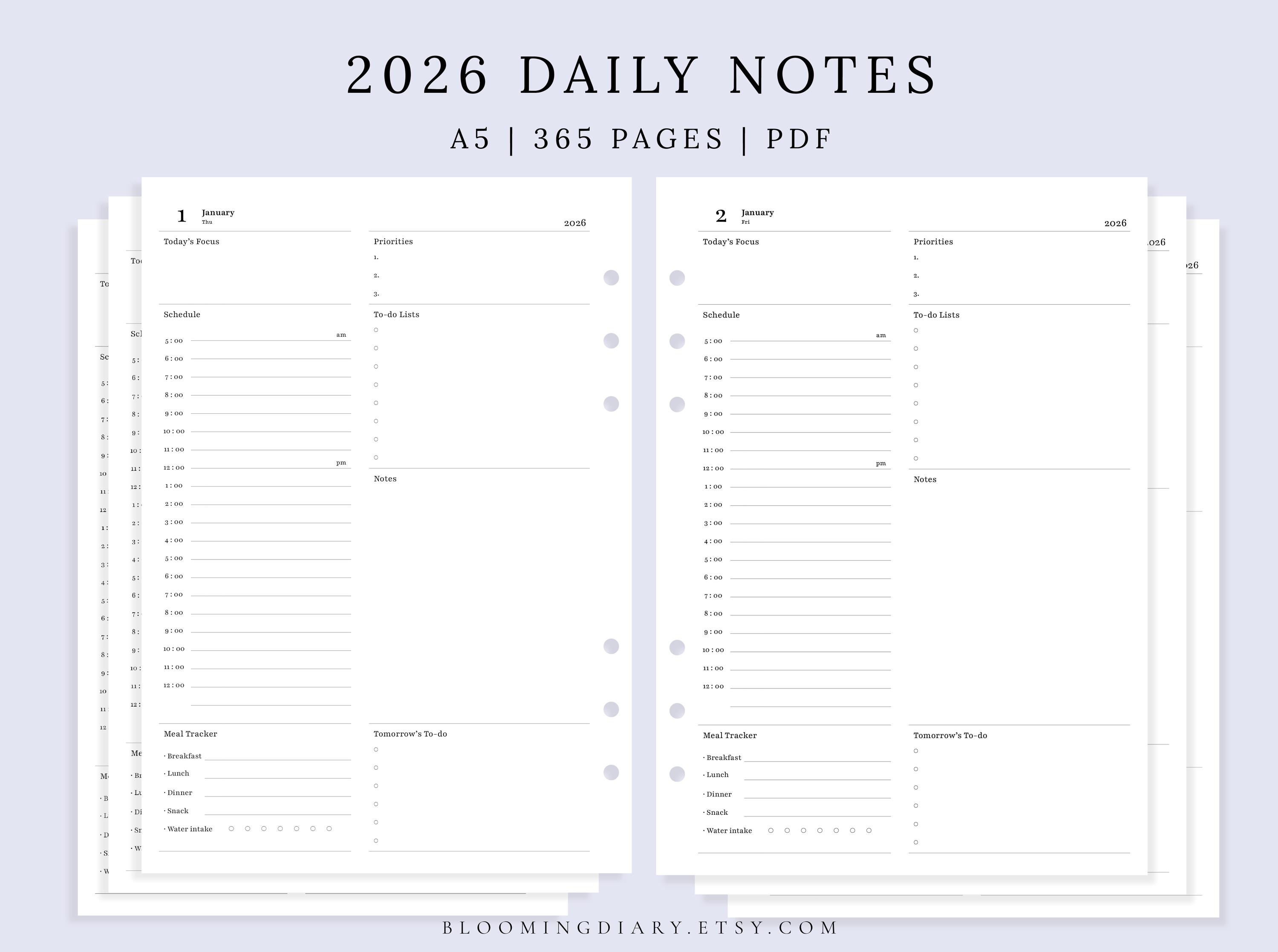 2026 Daily Planner A5 | Simple Minimalist Printable Daily Notes