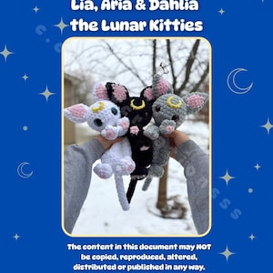 Peut inclure: Trois peluches de chats crochetés en blanc, noir et gris, chacune avec un croissant de lune. Le texte "Lia, Aria & Dahlia the Lunar Kitties" est affiché au-dessus des peluches. Le fond est un dégradé bleu avec des étoiles et des croissants de lune.