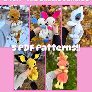 Op de afbeelding: Een roze afbeelding met vijf gehaakte pluche speelgoed in verschillende kleuren. De tekst luidt "Charles, Pete & Milo, Levi, Pia & Tori - The Cuddle Bundle 3" en "5 PDF Patterns!!" met de naam van de maker. Het speelgoed omvat gele, witte, blauwe en oranje pluche.