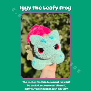 May include: A plush toy shaped like a frog with light green textured yarn, large red eyes, and a bright pink flower bulb on its back. The text Iggy the Leafy Frog is displayed above the image, with copyright text below the image frame.