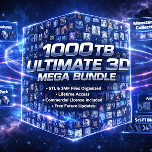May include: An advertisement for a digital art bundle set against a cosmic backdrop. The central feature is a cube filled with images, labelled "1000TB ULTIMATE 3D MEGA BUNDLE." Additional panels showcase "Fantasy Creatures," "Miniatures Pack," and other collections.