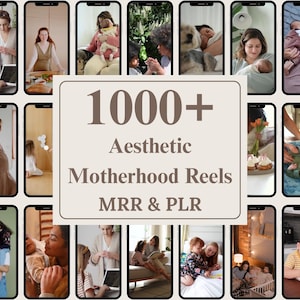 Può includere: Un collage di schermi di smartphone che mostrano varie scene di maternità. L'immagine centrale presenta il testo "1000+ Aesthetic Motherhood Reels MRR & PLR". Gli schermi mostrano madri con bambini, neonati e momenti familiari.