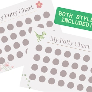 Może przedstawiać: Dwa wykresy treningu nocnikowego z jasnoszarym tłem i kropkowaną siatką. Tekst "My Potty Chart" znajduje się na górze. Jeden wykres ma grafikę dinozaura, drugi wulkan. Zielony prostokąt z napisem "BOTH STYLES INCLUDED!"