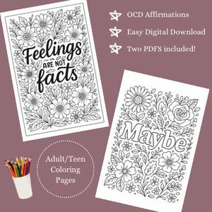 Kleurplaten Mindful Affirmatie | Afdrukbare kleurplaten voor volwassenen: 'Feelings Are Not Facts' en 'Misschien' | Geestelijke gezondheidskunst