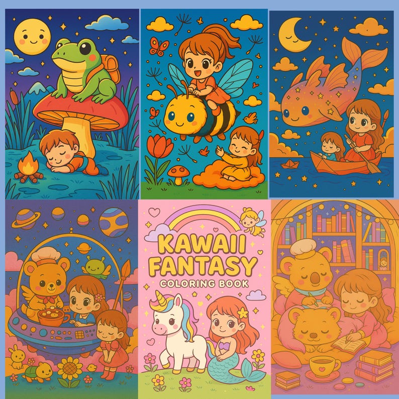 K&ouml;nnte beinhalten: Sechs farbenfrohe Cartoon-Illustrationen mit Kindern und Fantasiewesen. Szenen zeigen einen Frosch auf einem Pilz, ein Kind mit einer Biene, einen Fisch, ein Boot, einen B&auml;ren in einem Raumschiff und ein Malbuch mit dem Titel 'Kawaii Fantasy'.