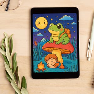 K&ouml;nnte beinhalten: Eine digitale Illustration auf einem Tablet zeigt eine skurrile Szene. Ein gr&uuml;ner Frosch mit Rucksack sitzt auf einem roten Pilz. Ein schlafendes Kind ruht sich am Lagerfeuer aus. Der Hintergrund zeigt einen l&auml;chelnden Mond, Sterne und Wolken.