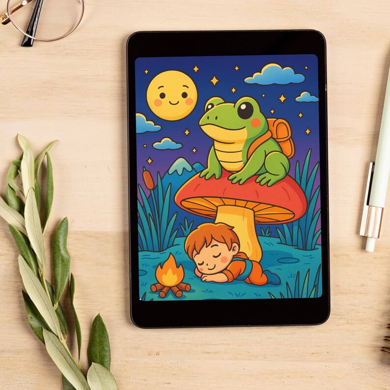 K&ouml;nnte beinhalten: Eine digitale Illustration auf einem Tablet zeigt eine skurrile Szene. Ein gr&uuml;ner Frosch mit Rucksack sitzt auf einem roten Pilz. Ein schlafendes Kind ruht sich am Lagerfeuer aus. Der Hintergrund zeigt einen l&auml;chelnden Mond, Sterne und Wolken.