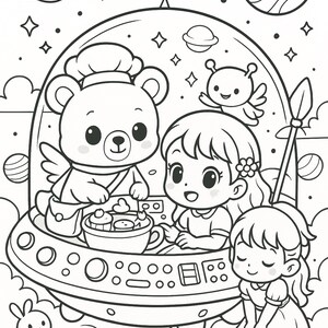 K&ouml;nnte beinhalten: Schwarz-Wei&szlig;-Illustration einer skurrilen Szene. Ein B&auml;r mit Kochm&uuml;tze und Sch&uuml;rze serviert Cupcakes an zwei M&auml;dchen in einem Raumschiff. Planeten, Sterne und niedliche Kreaturen umgeben das Schiff, mit einem Hasen, einer Schildkr&ouml;te und Blumen darunter.