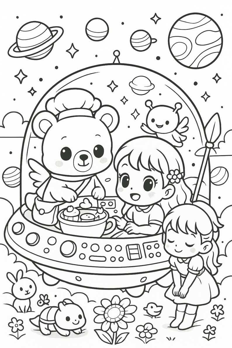 K&ouml;nnte beinhalten: Schwarz-Wei&szlig;-Illustration einer skurrilen Szene. Ein B&auml;r mit Kochm&uuml;tze und Sch&uuml;rze serviert Cupcakes an zwei M&auml;dchen in einem Raumschiff. Planeten, Sterne und niedliche Kreaturen umgeben das Schiff, mit einem Hasen, einer Schildkr&ouml;te und Blumen darunter.