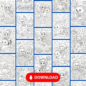 K&ouml;nnte beinhalten: Eine Sammlung von Schwarz-Wei&szlig;-Malvorlagen mit skurrilen Szenen mit Kindern, Tieren und Fantasy-Elementen. Die Illustrationen umfassen Feen, Einh&ouml;rner und andere magische Kreaturen. Unten befindet sich ein roter "DOWNLOAD"-Button.