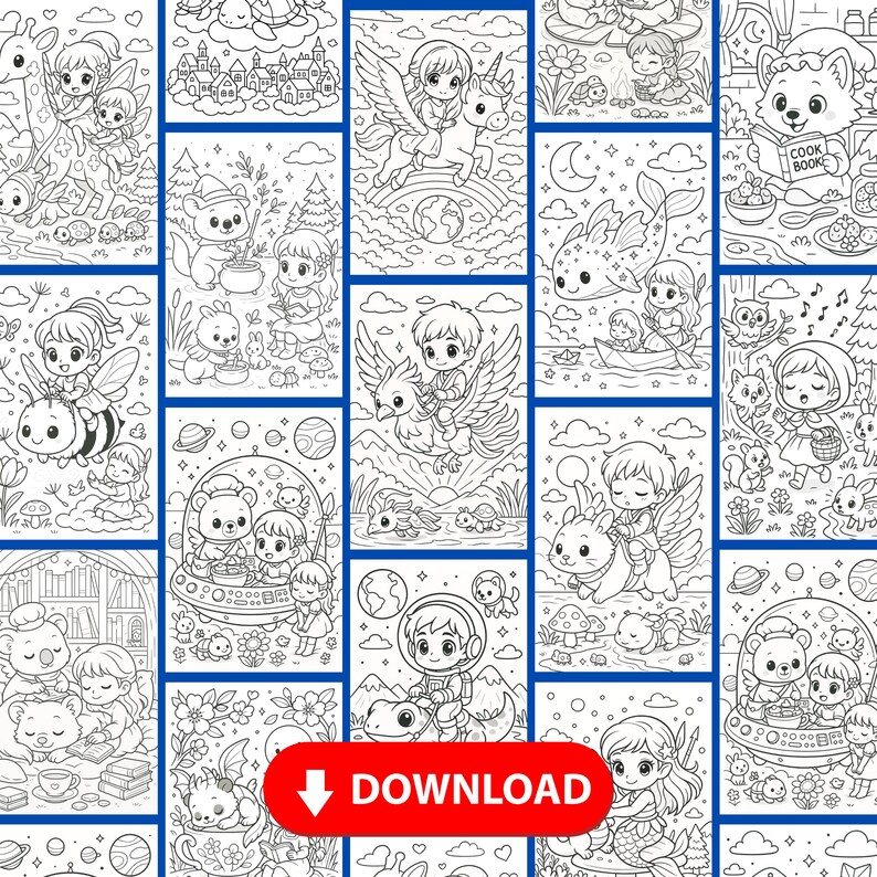 K&ouml;nnte beinhalten: Eine Sammlung von Schwarz-Wei&szlig;-Malvorlagen mit skurrilen Szenen mit Kindern, Tieren und Fantasy-Elementen. Die Illustrationen umfassen Feen, Einh&ouml;rner und andere magische Kreaturen. Unten befindet sich ein roter "DOWNLOAD"-Button.