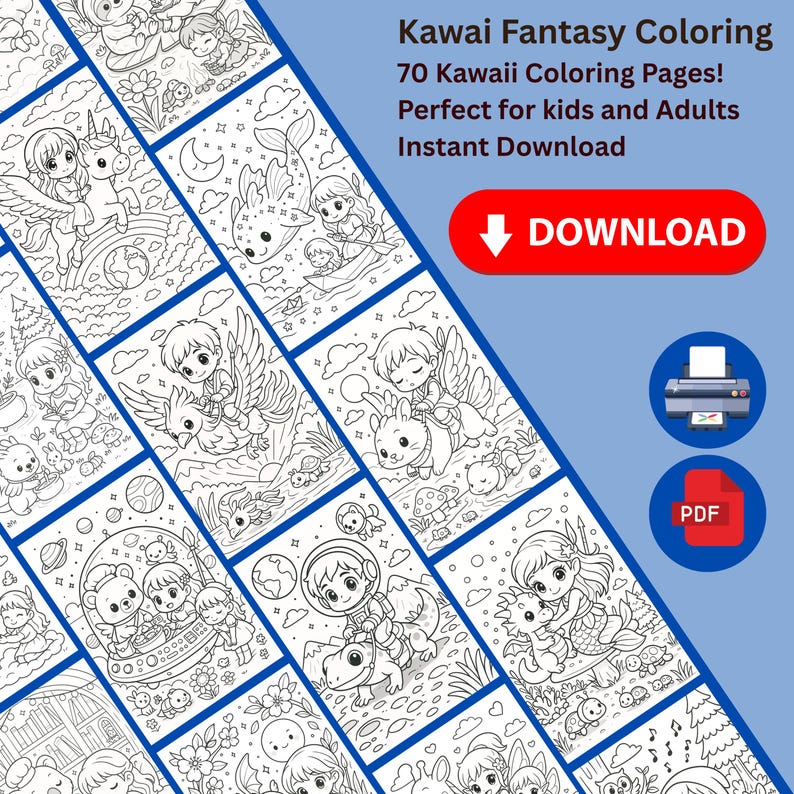 K&ouml;nnte beinhalten: Ein digitaler Download mit 70 Kawaii Fantasy-Malvorlagen. Die Seiten zeigen entz&uuml;ckende Charaktere in verschiedenen Fantasy-Umgebungen, darunter Meerjungfrauen, Einh&ouml;rner und Astronauten. Das Bild enth&auml;lt einen roten Download-Button, ein Druckersymbol und ein PDF-Symbol.