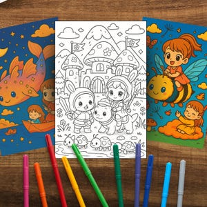 K&ouml;nnte beinhalten: Drei Malb&uuml;cher f&uuml;r Kinder mit Cartoon-Illustrationen. Eine Seite zeigt eine Burgszene mit zwei Charakteren in Hasenohrenhelmen. Eine andere zeigt ein M&auml;dchen, das auf einer riesigen Biene reitet. Buntstifte liegen im Vordergrund.