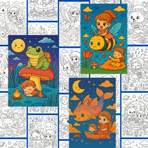 K&ouml;nnte beinhalten: Eine Sammlung farbenfroher Malbuchseiten mit skurrilen Illustrationen. Eine Seite zeigt ein Kind, das in der N&auml;he eines Lagerfeuers mit einem Frosch auf einem Pilz schl&auml;ft. Eine andere zeigt ein Kind, das auf einer Biene reitet. Eine dritte zeigt ein Kind in einem Boot mit einem Fisch.