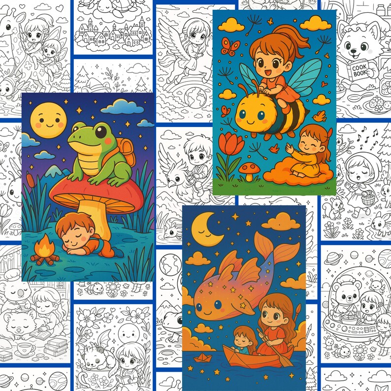 K&ouml;nnte beinhalten: Eine Sammlung farbenfroher Malbuchseiten mit skurrilen Illustrationen. Eine Seite zeigt ein Kind, das in der N&auml;he eines Lagerfeuers mit einem Frosch auf einem Pilz schl&auml;ft. Eine andere zeigt ein Kind, das auf einer Biene reitet. Eine dritte zeigt ein Kind in einem Boot mit einem Fisch.