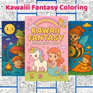 K&ouml;nnte beinhalten: Das Bild zeigt ein "Kawaii Fantasy Coloring Book" mit einem Einhorn, einer Meerjungfrau und einer Fee auf dem Cover, vor einem Regenbogen und Sternen. Weitere Panels zeigen einen Frosch, einen Jungen, eine Biene und ein M&auml;dchen. Der Hintergrund ist mit Strichzeichnungen gef&uuml;llt.
