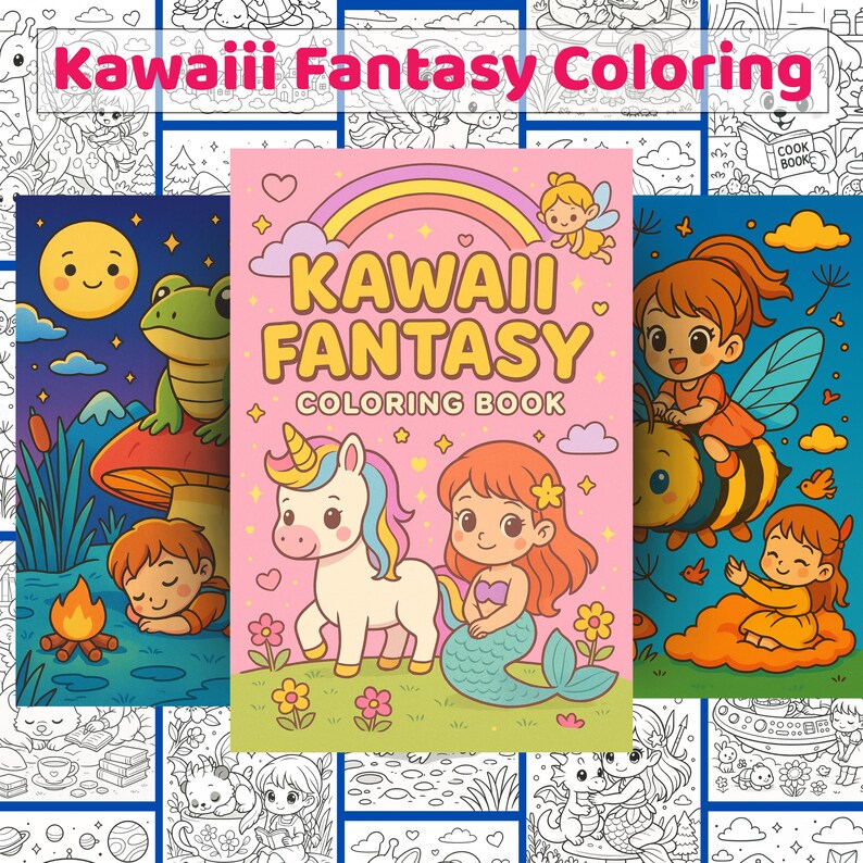 K&ouml;nnte beinhalten: Das Bild zeigt ein "Kawaii Fantasy Coloring Book" mit einem Einhorn, einer Meerjungfrau und einer Fee auf dem Cover, vor einem Regenbogen und Sternen. Weitere Panels zeigen einen Frosch, einen Jungen, eine Biene und ein M&auml;dchen. Der Hintergrund ist mit Strichzeichnungen gef&uuml;llt.