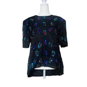 Vintage Stenay koralikowy cekinowy zdobiony krótki rękaw top z jedwabiu 100% rozmiar XL