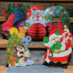 Vintage Lot/5 Christmas Cardboard  Die-Cut Decorations & Honeycome Made In USA