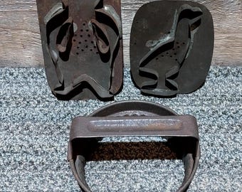 Primitive Antique Soldered Tin Cookie Cutters Lot Of 3 Bear, Goose, and Round