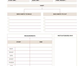 May include: A white fitness goal planner with the text "FITNESS GOAL" at the top. The planner includes sections for start and end dates, weight, BMI, habits, measurements, and motivation. The phrase "YOU'VE GOT THIS" is at the bottom.