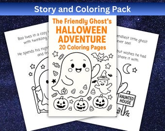 20 pagine da colorare di Halloween + storia, pagina da colorare di fantasmi, pagine da colorare spettrali, Halloween accogliente, pagine da colorare di fantasmi carini, pagine da colorare infestate