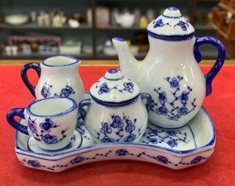 Vintage Miniature Tea Set Tray, Tiny Blue and White Ceramic Teapot Cups Set