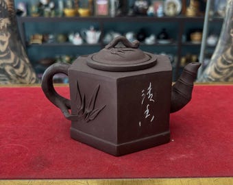 Vintage Yixing Clay Teapot – Handmade Chinese Zisha Tea Pot, Square Purple Clay Teaware, Bamboo Handle Teapot, Gongfu Tea Decor