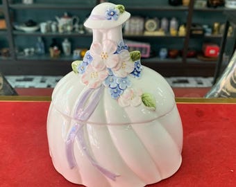 Vintage Lady Dress Ceramic Trinket Box, Floral Vanity Decor