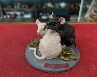 Figura vintage de ratón de resina de 1996 – Par de estatuas de ratones de la suerte, pequeño animal coleccionable, linda decoración de escritorio, adorno estilo Feng Shui