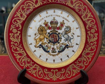 Plato de coronación de la reina Isabel II de Royal Worcester – Conmemorativo del 60.º aniversario, porcelana fina, chapado en oro de 22 quilates.