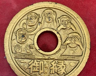 Decoración de pared con monedas de latón vintage de la suerte, adorno Feng Shui de los Tres Monos Sabios