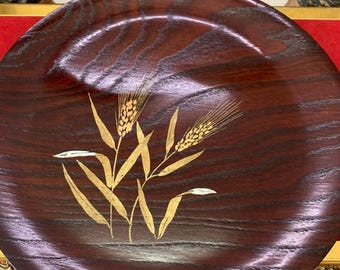 Vintage Japanese Wooden Serving Plate, Round Tray with Gold Wheat Design