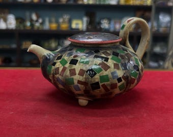 Vintage Ceramic Teapot with Lid – Three Footed Pottery Tea Pot, Mosaic Pattern Decorative Teaware, Rustic Handmade Style