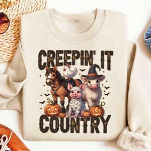 Creepin&#39; It Country Png, Trendy Western Halloween Png, Spooky Farm Animals Png, Highland Cow Png, Spooky Pumpkin Png