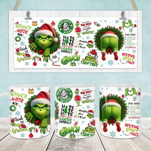 Peut inclure: Ensemble de trois mugs en céramique blanche avec des motifs sur le thème du Grinch. Les motifs incluent le Grinch avec un chapeau de Père Noël, du texte et une affiche sur le thème du Grinch. Thème de Noël.