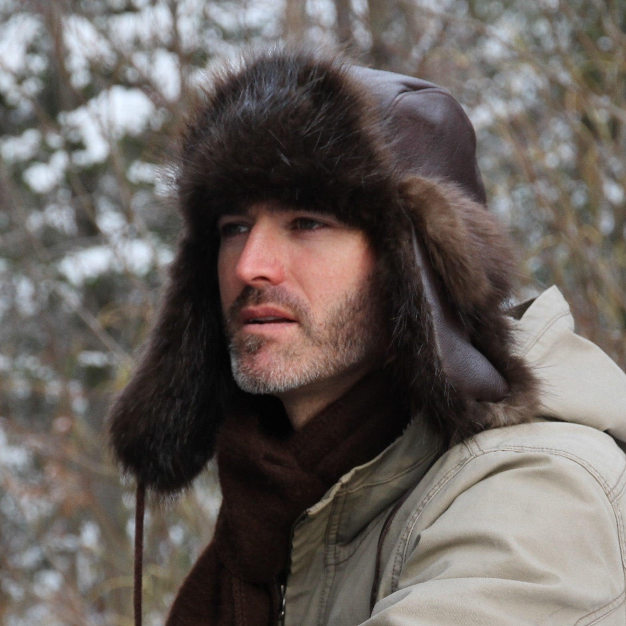 Crown Cap Faux Fur Trapper Hat Brown Made in Canada Crown Cap Luxurious Grey Real Rabbit Fur Aviator Hat for Men  main image 2