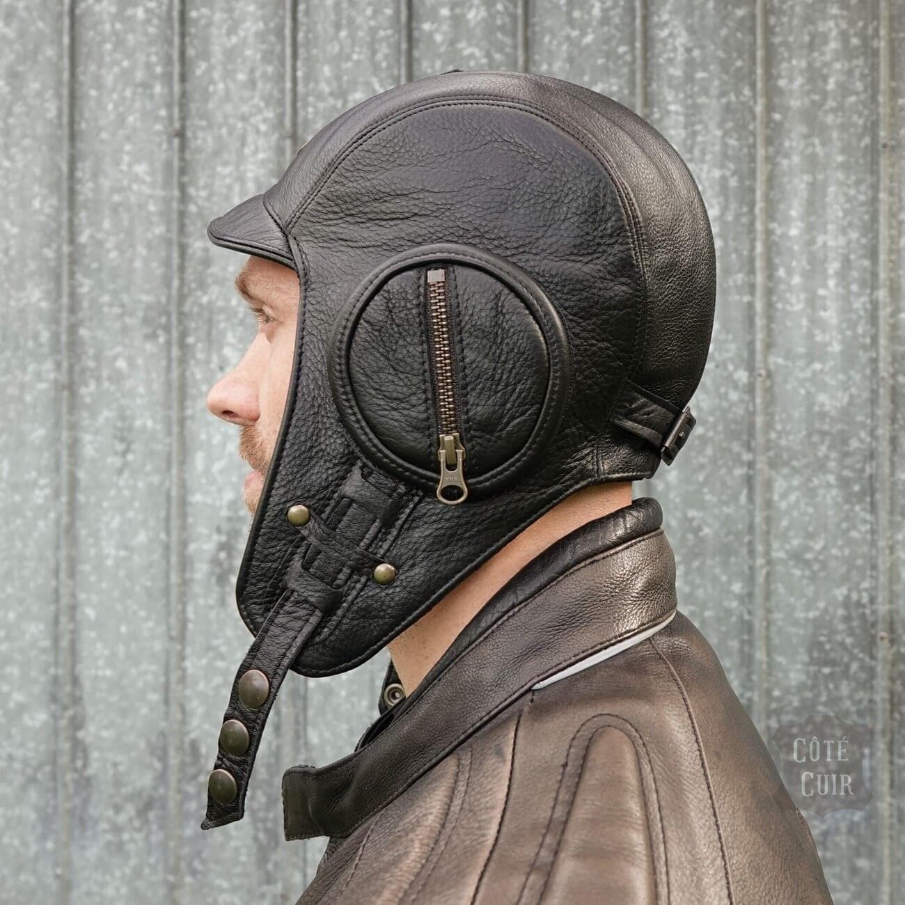 Black Leather Aviator Helmet - William Model without Visor