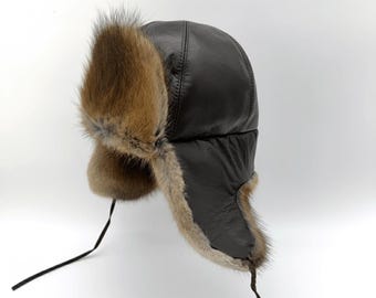 Muscrat Fur Bomber Hat, With Ear Flap Snaps, Warm Authentic  display picture 1