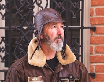 Cappello da aviatore vintage da uomo in pelle marrone | Modello Simon
