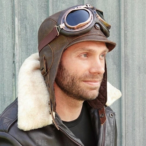 Vintage bruine leren pilotenmuts voor heren | Simon Style