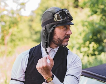 Black Leather Aviator Hat - Simon Model