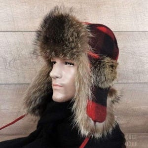 Raccoon Fur Trapper Hat, Red and Black Check Beaver Hairs Felt