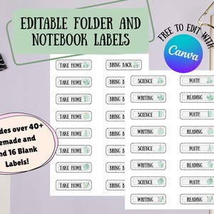 Może przedstawiać: Arkusz edytowalnych etykiet na foldery i notatniki z napisami "TAKE HOME", "BRING BACK", "SCIENCE", "WRITING", "MATH" i "READING". Etykiety są białe z jasnozielonym wzorem kaktusa. Obraz zawiera również tekst "Includes over 40+ Premade and 16 Blank Labels!"