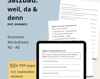 Esercizio sulle frasi causali tedesche – weil da denn – DAF / DAZ A1 A2 Grammatica PDF – Impara la frase tedesca – Risorsa per la classe di homeschooling