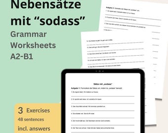 Esercizi di grammatica tedesca – Frasi con „sodass“ – Grammatica DaF/DaZ B1 PDF – Impara la struttura delle frasi in tedesco – Preparazione agli esami e istruzione parentale