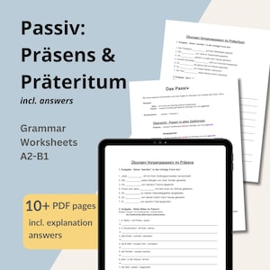 May include: A digital tablet displays German grammar worksheets on passive voice, including Präsens and Präteritum tenses. The worksheets are labeled A2-B1 and include over 10 PDF pages with explanations and answers.